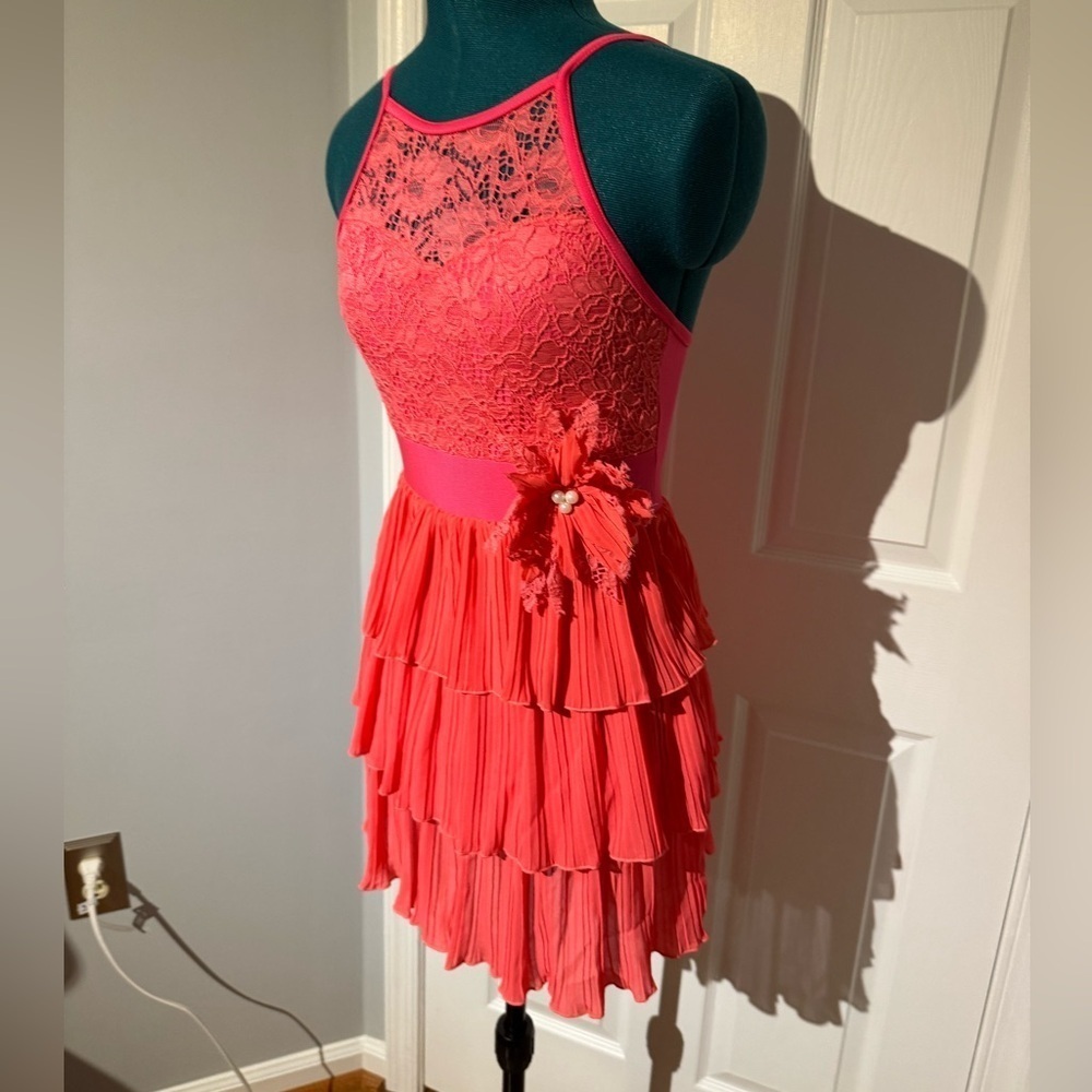 Adult Small Hot Pink Flutter Lace Contemporary Dance Dress